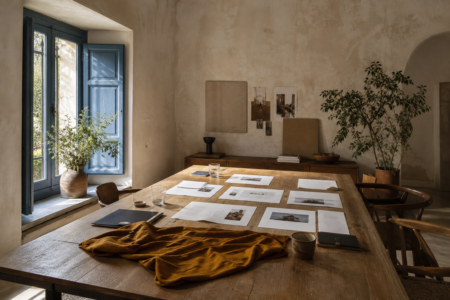 Mesa de trabajo en un estudio: planos de páginas sobre yeso y una ventana pintada de índigo