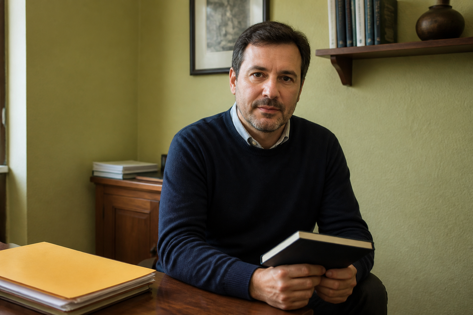 El socio con un cuaderno cerrado en un despacho de yeso